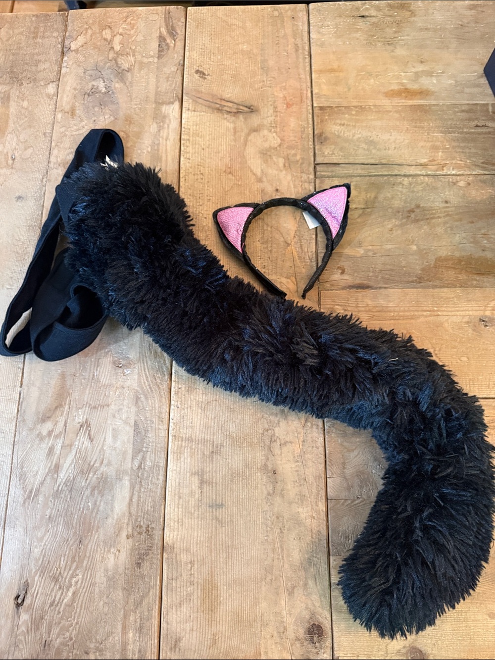 Black Plush Cat Tail and Pink Ear Headband Set for Cats